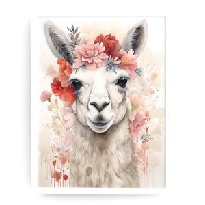 Watercolor Cute Floral Llama Wall Art Illustration Print Poster Card Unframed